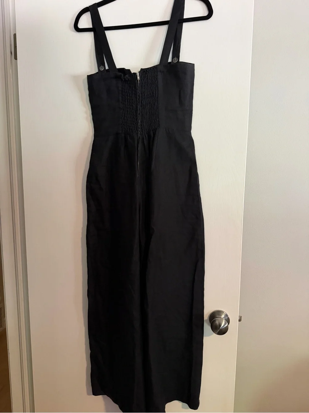 Reformation Linen Black Button-Front Wide-Leg Jumpsuit with Sweetheart Neck